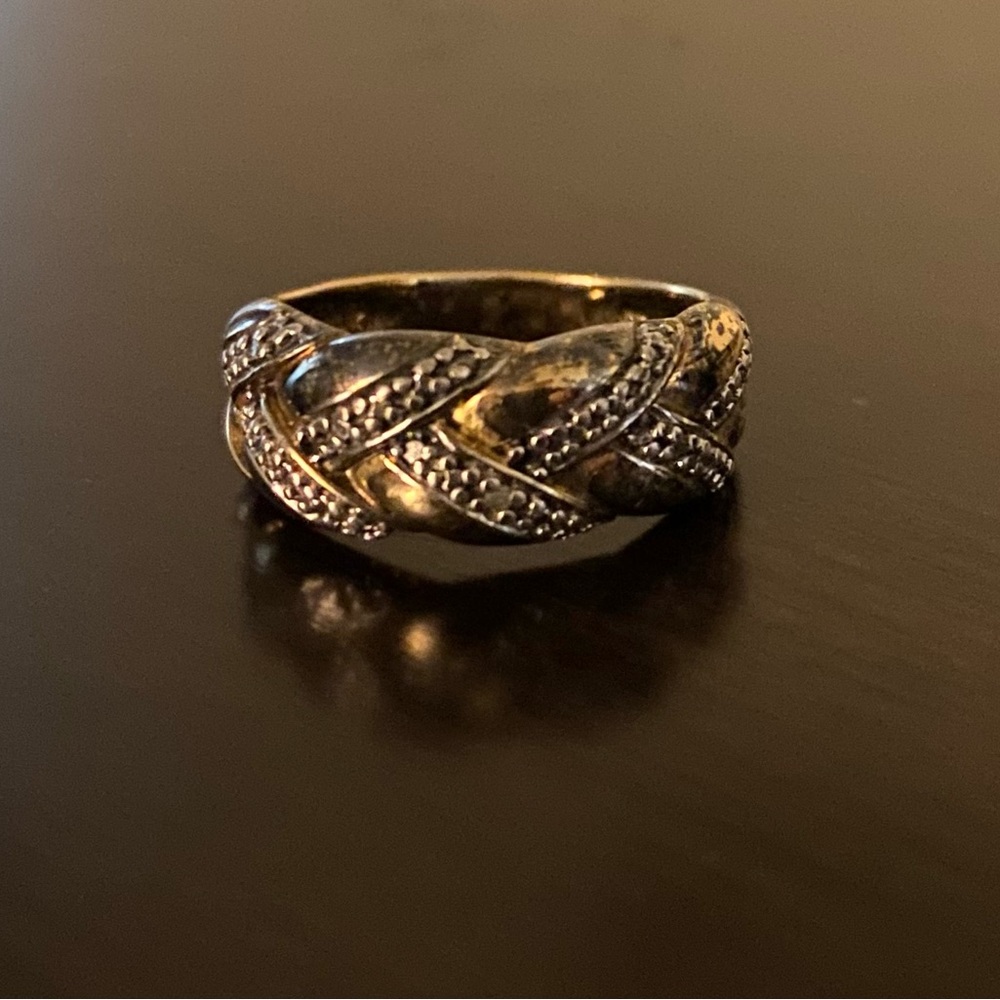 Bold .925 Sterling Silver Gold Vermeil Diamond Chip Band Ring | Size 6.5